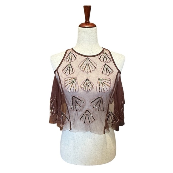 Free People Tulsi Mesh Tank Brown Sheer Embroidered Size XS #1663 - Picture 4 of 7